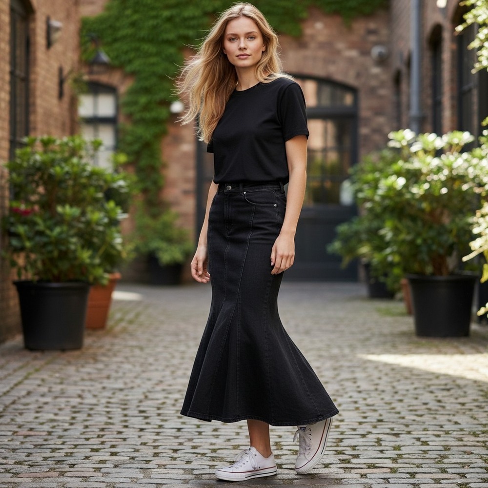 Halara Black Denim Mermaid Skirt XS High Waist Flared Maxi Dark Academia Goth